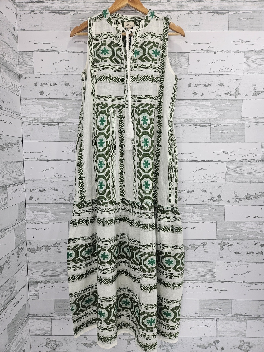 Elan Green White Embroidered Tassel Maxi Dress Sleeveless Tiered Boho Womens‎ M